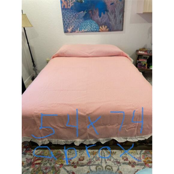 Sears Pink Pinstripe Twin Bedspread 74X 110 White Ruffle Perma Prest Vtg - Picture 2 of 6